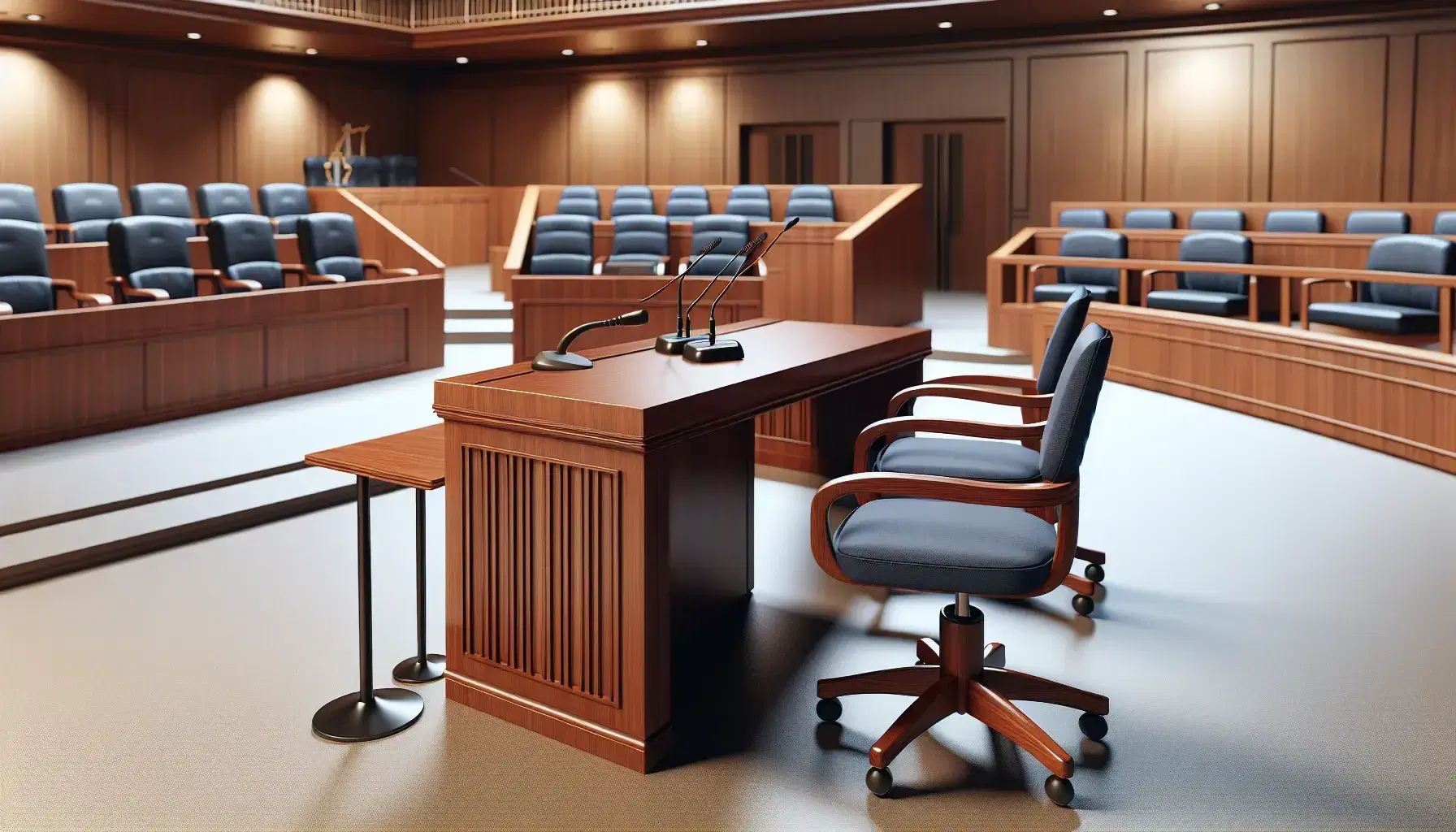 Modern courtroom with mahogany judge's bench, witness stand with microphone, tables for lawyers and empty benches for spectators.