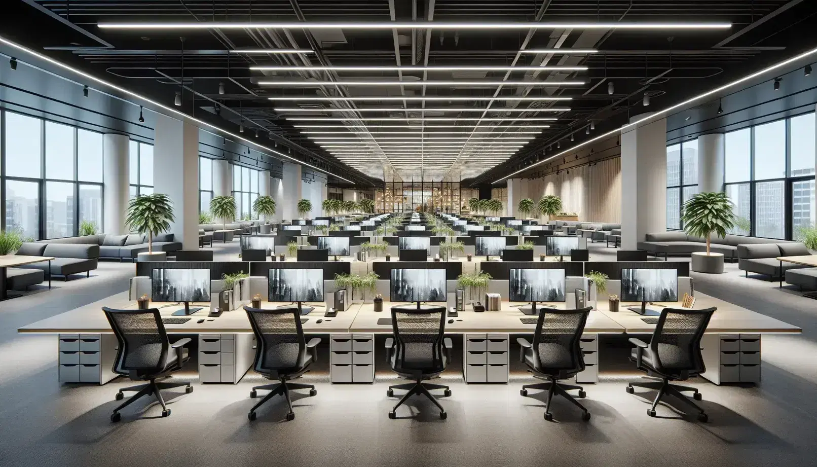 Oficina moderna y espaciosa con estaciones de trabajo, sillas ergonómicas, área común con sofás, plantas interiores y salas de reuniones con paredes de vidrio.