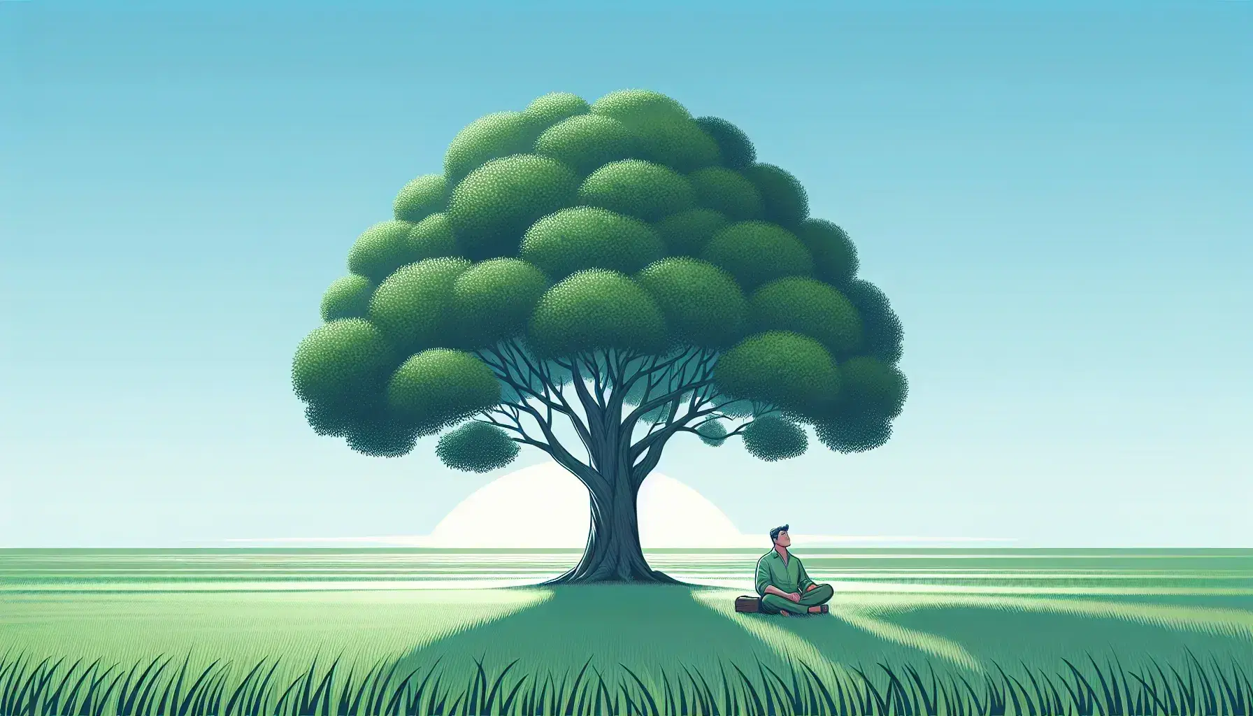 A peaceful natural environment with a mature tree in the center, thick leaves, sturdy trunk, under a clear sky. A person rests peacefully at its base.