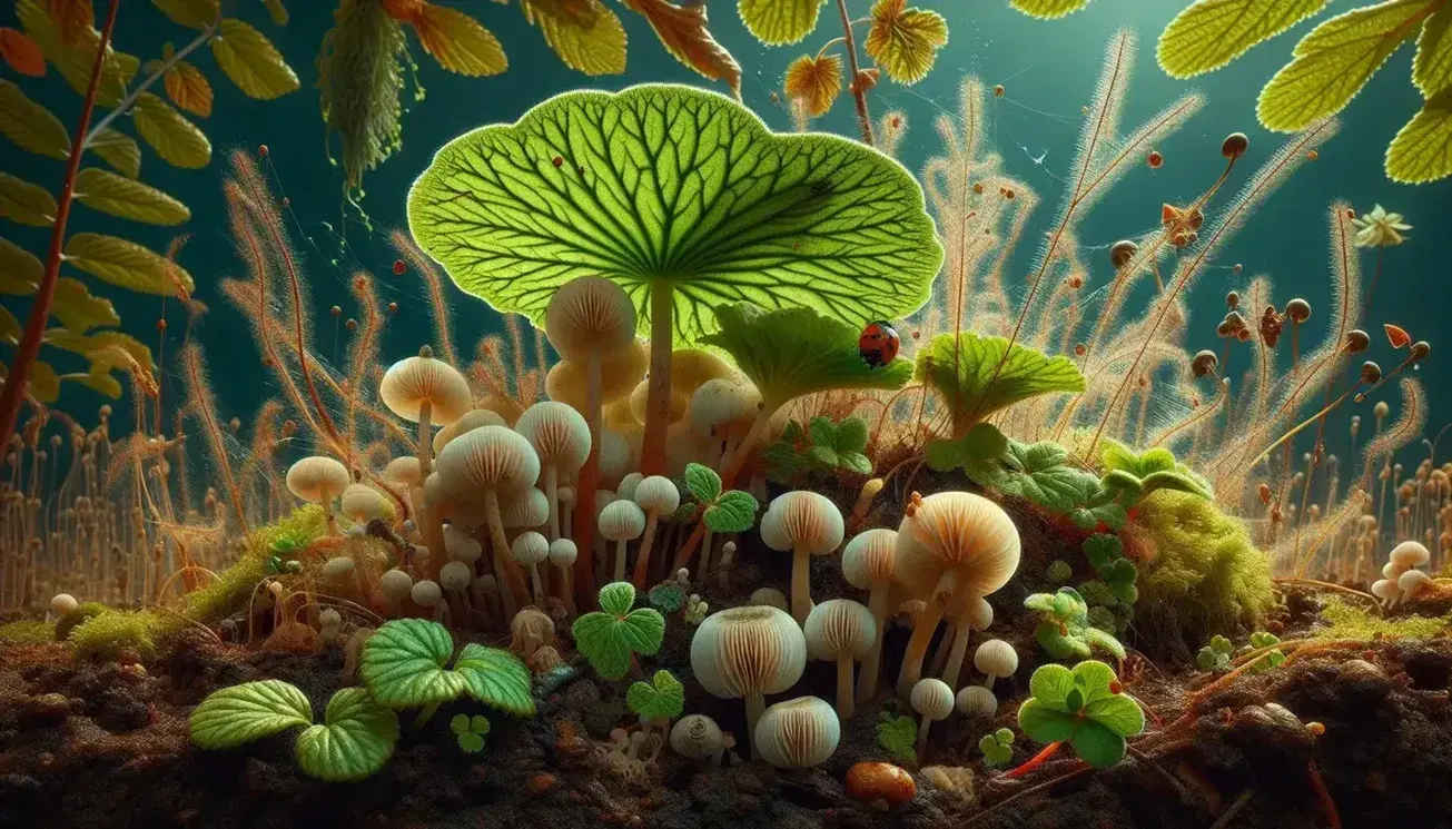 Funghi bianchi e pianta con foglie verdi in primo piano, insetto rosso a pois, cielo azzurro e uccello marrone su ramo sfocato.