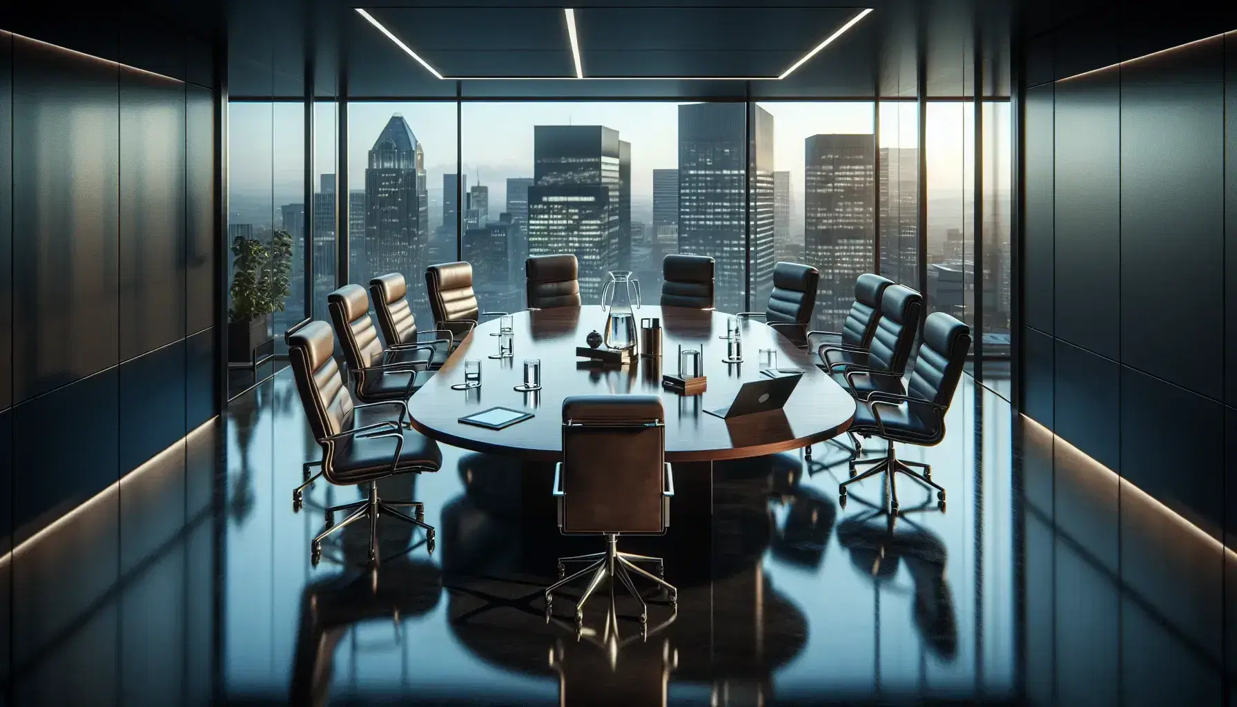 Modern boardroom with oval wooden table, high-back leather chairs, laptop, tablets, water pitcher with glasses, and cityscape view through panoramic window.