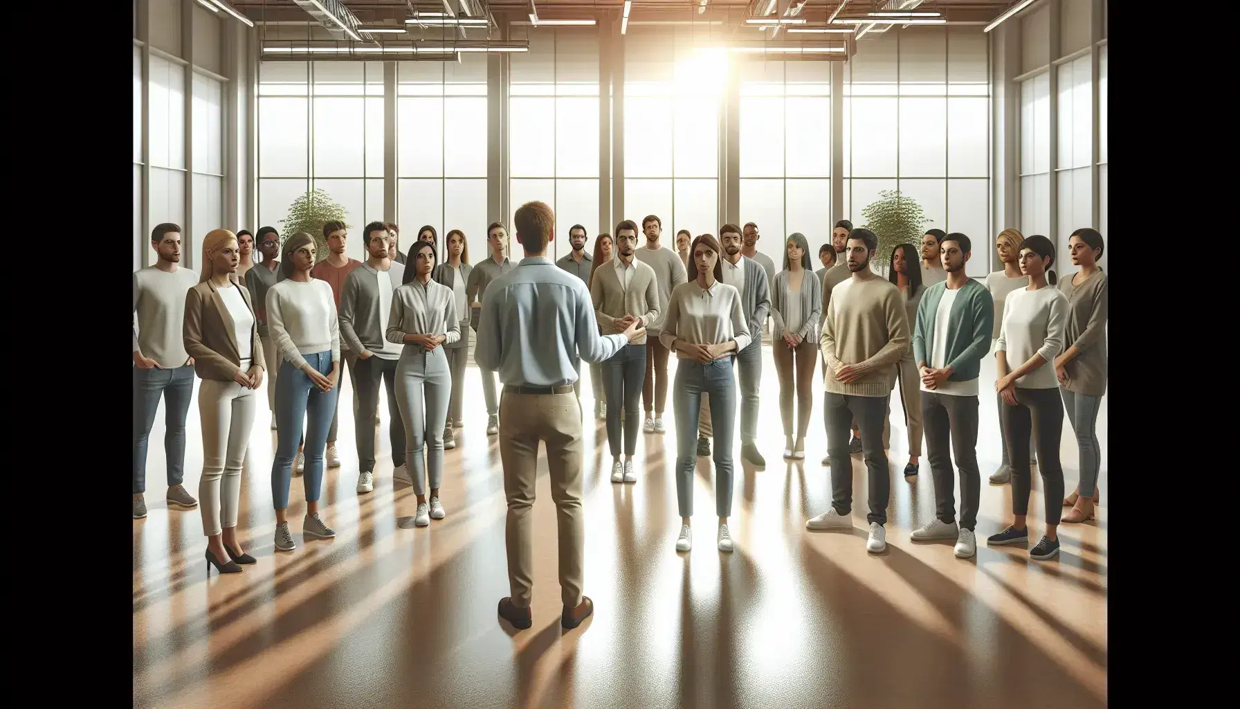 Grupo diverso de personas en atuendo casual-profesional en semicírculo dentro de un espacio moderno con luz natural, enfocadas en un individuo que gestícula al explicar algo.