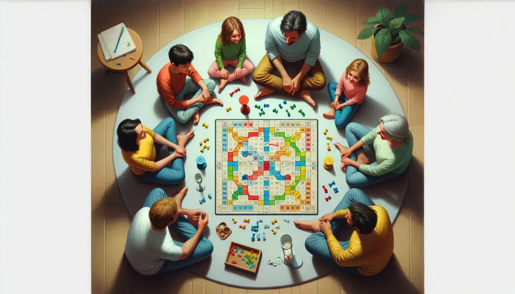 Familia disfrutando de un juego de mesa en un salón acogedor, con adultos y niños participando activamente y decoración hogareña.