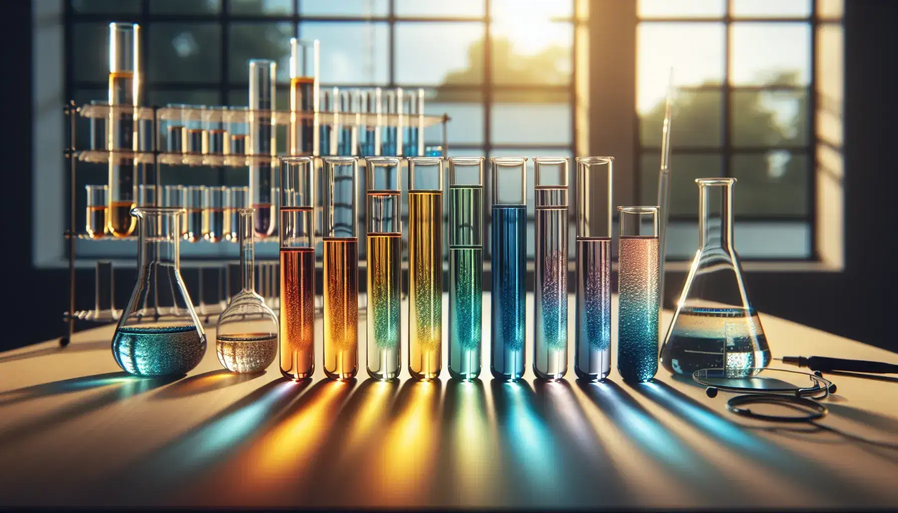 Serie di provette in vetro con soluzioni colorate da arancio a blu su banco laboratorio, becher e pipette sullo sfondo.