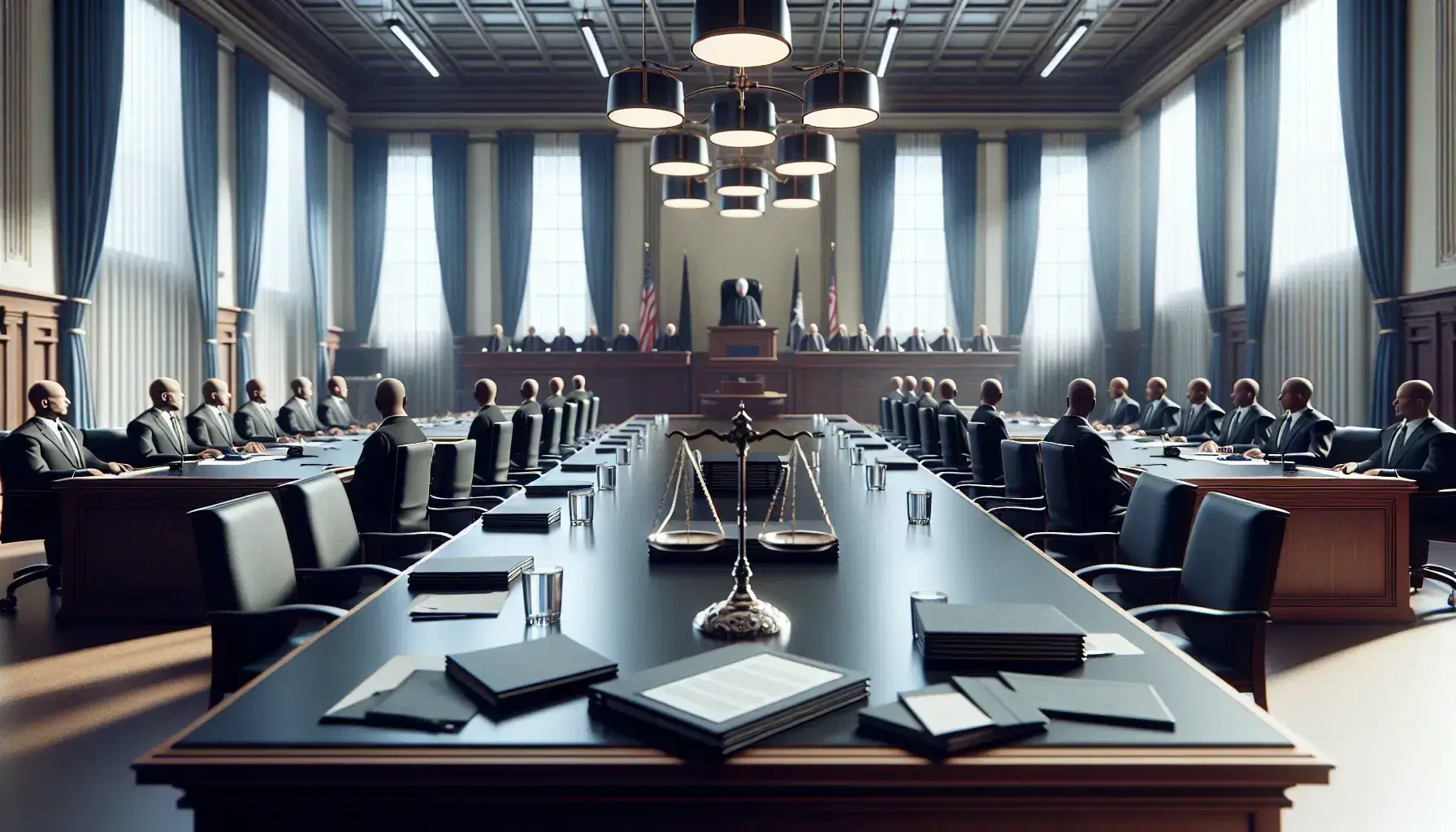 Sala de tribunal con mesa central de madera oscura, sillas, abogados en trajes formales, juez en estrado con toga negra, balanza de justicia y cortinas azules.