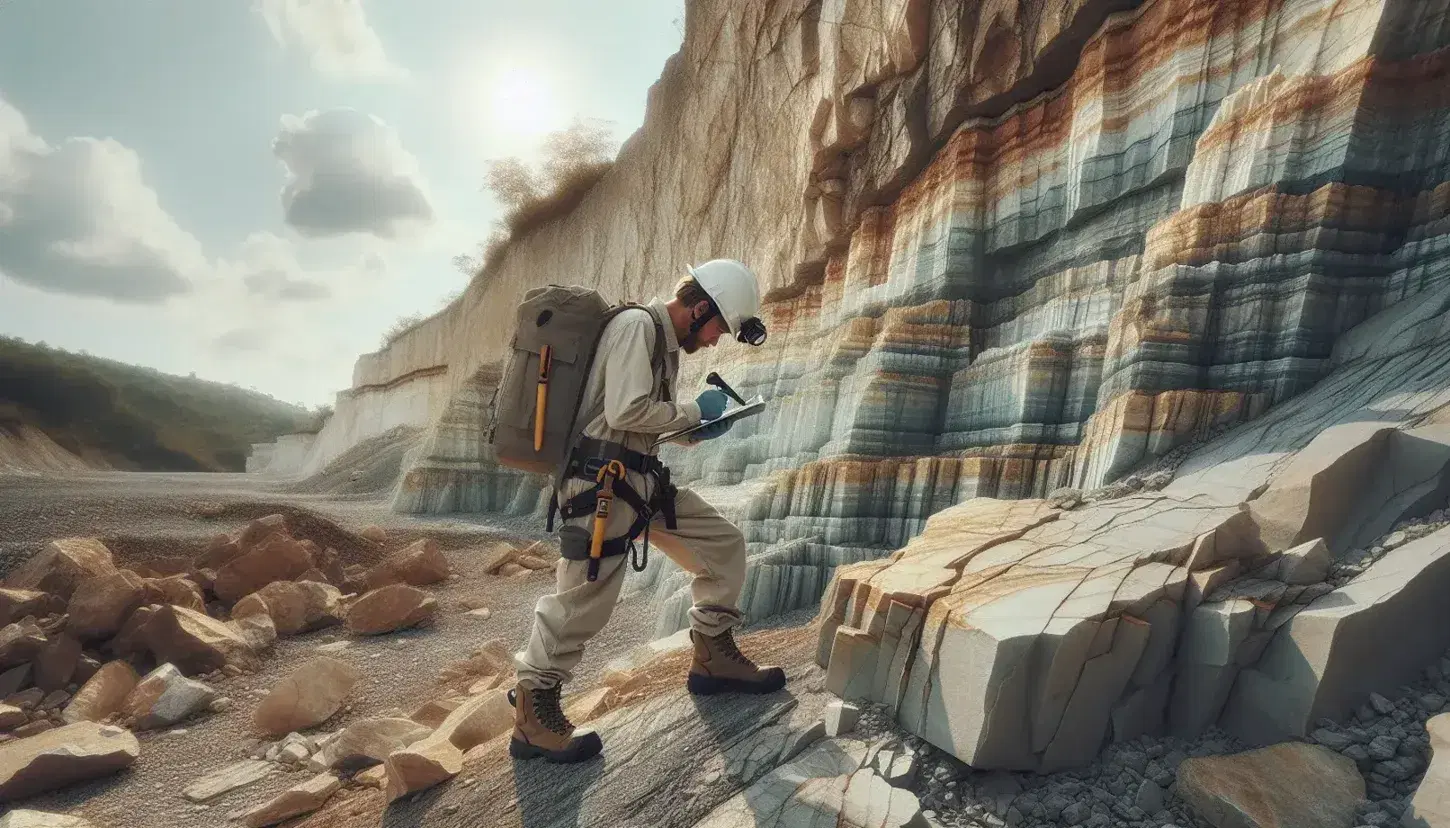 Geólogo examinando estratos rocosos con martillo geológico en terreno al aire libre, bajo cielo azul con nubes dispersas y sin vegetación alta.