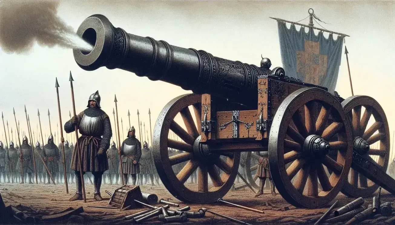 Medieval battlefield with a recently fired cannon on a wooden carriage, smoke trailing from the muzzle, surrounded by armored soldiers, tents, and flags.