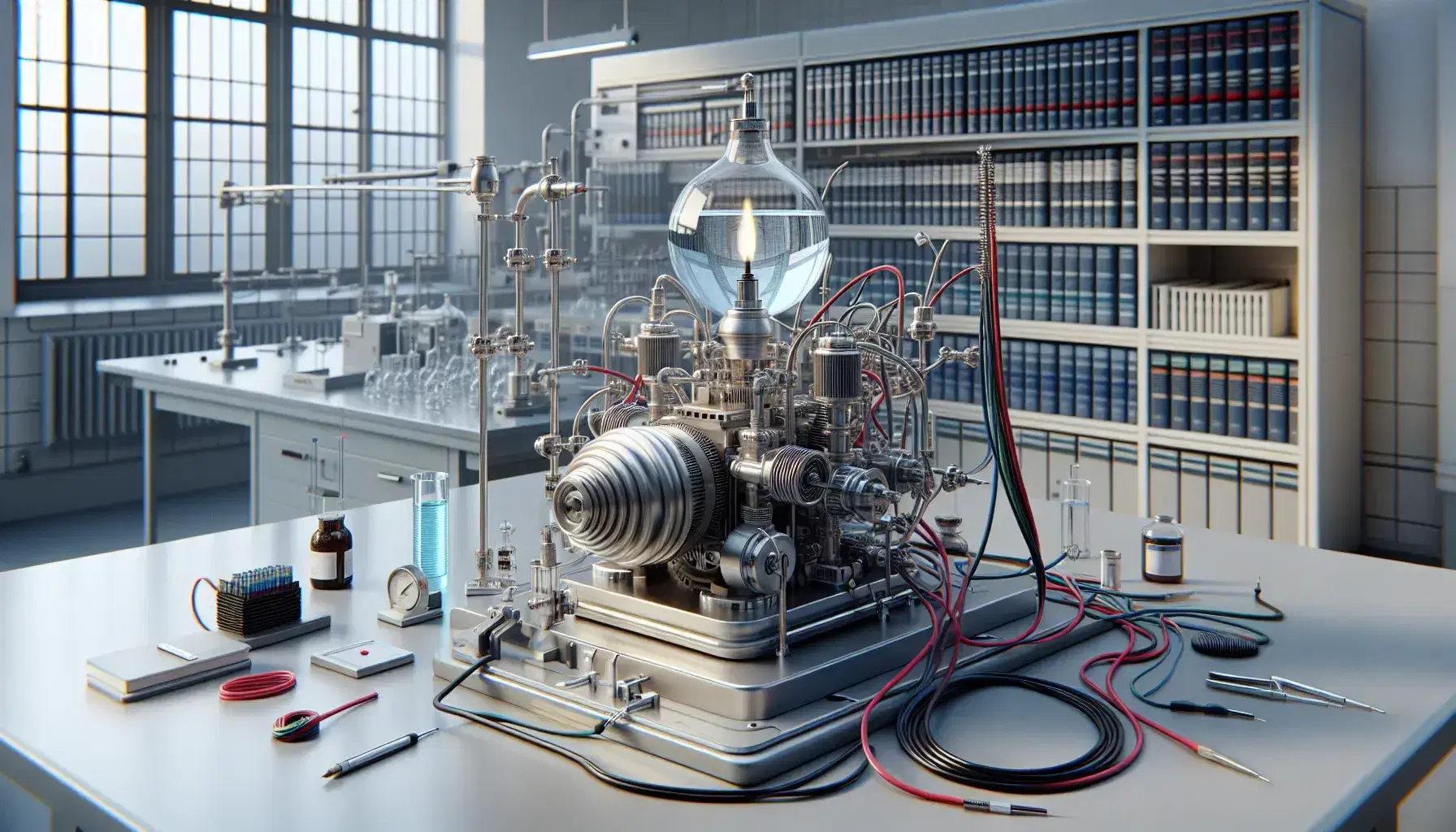 Laboratorio de ingeniería térmica con motor térmico conectado a sensores, libros en estante y matraz con líquido azul sobre quemador Bunsen.