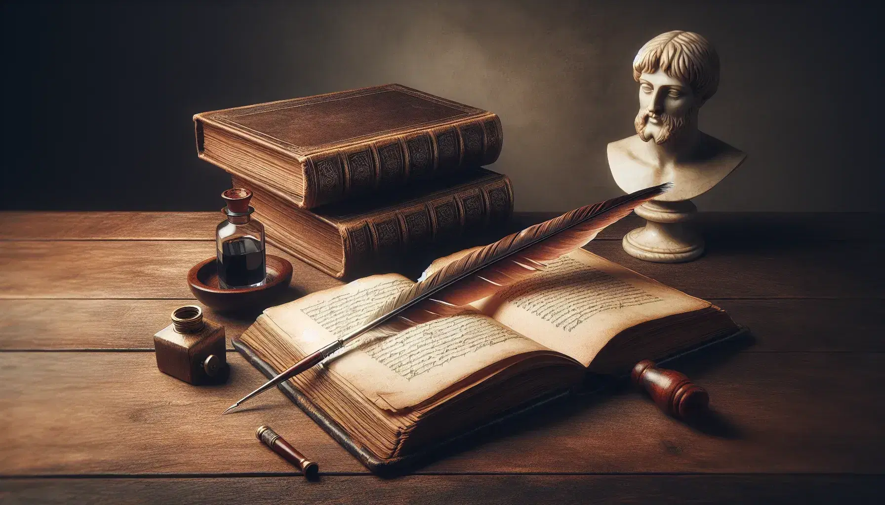 Vintage hardcover book on wooden table with quill pen, brass inkwell, and marble bust in soft, warm lighting, evoking a classic writing scene.