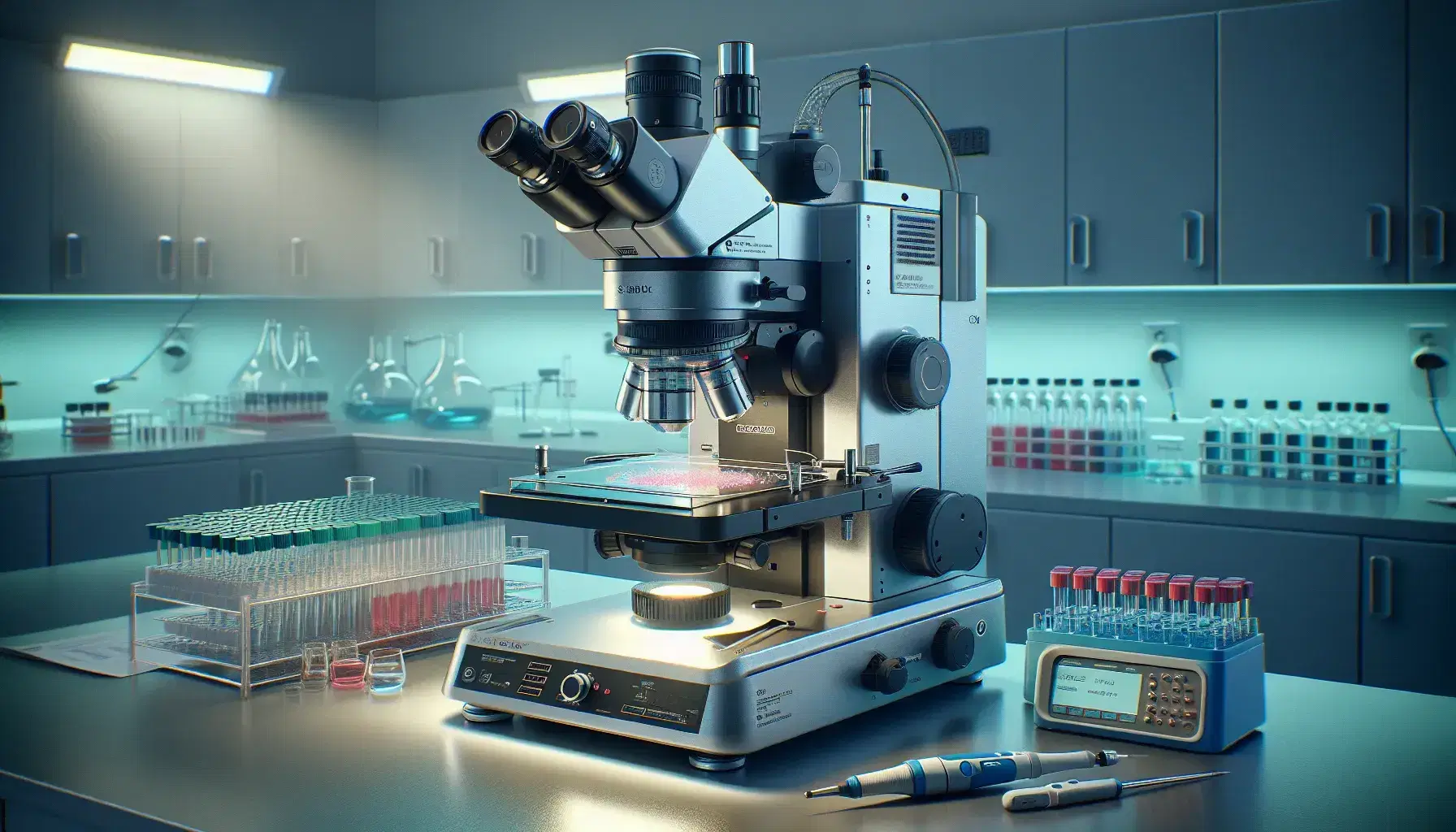 Microscopio elettronico a trasmissione avanzato con pipetta automatica e vetrino di tessuto biologico in laboratorio di ricerca scientifica.