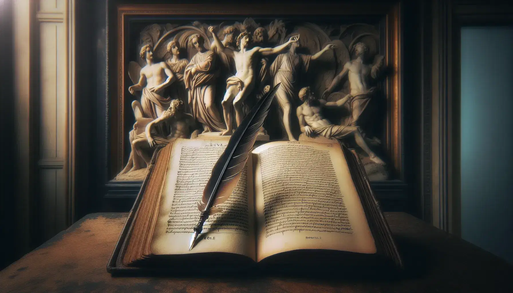 Edizione antica della Divina Commedia aperta su legno scuro, penna d'oca sospesa sopra, sfondo sfocato con bassorilievo.