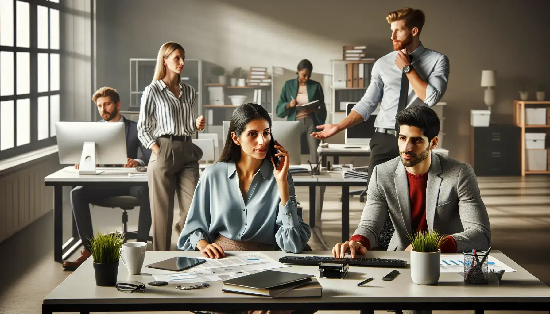 Multiracial office staff engaged in work, with a woman at a computer, a man on a phone, and two colleagues in discussion, in a well-lit, serene workspace.