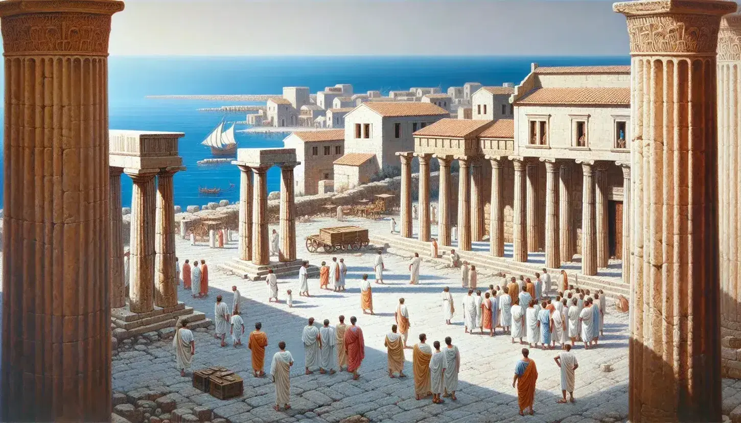 Ruinas de templo griego con columnas dóricas y edificios con tejados rojizos frente al mar Mediterráneo, plaza con figuras en túnicas y barcos de vela.