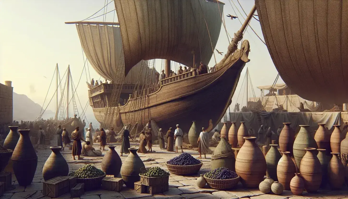 Bustling ancient Mediterranean port with a moored wooden merchant ship, amphorae on the dock, and figures loading goods under a clear blue sky.
