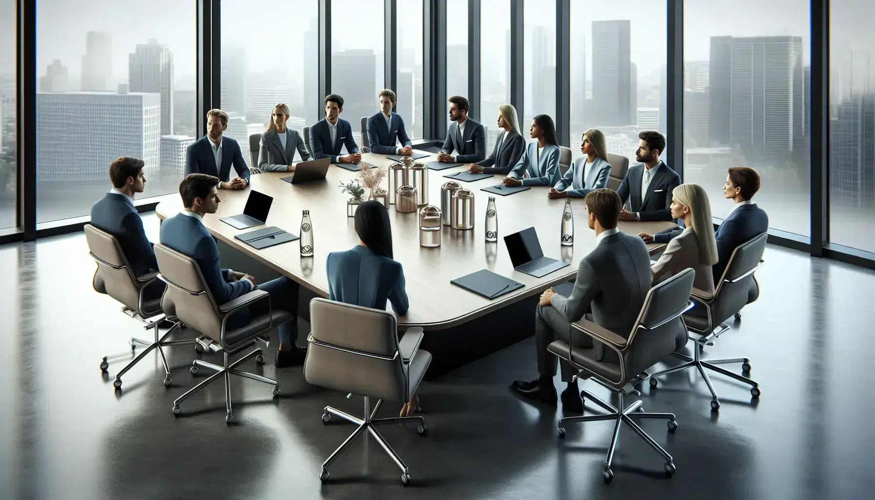 Diverse team in a modern office engages in a meeting around an oval table with laptops and water bottles, city view through large window.