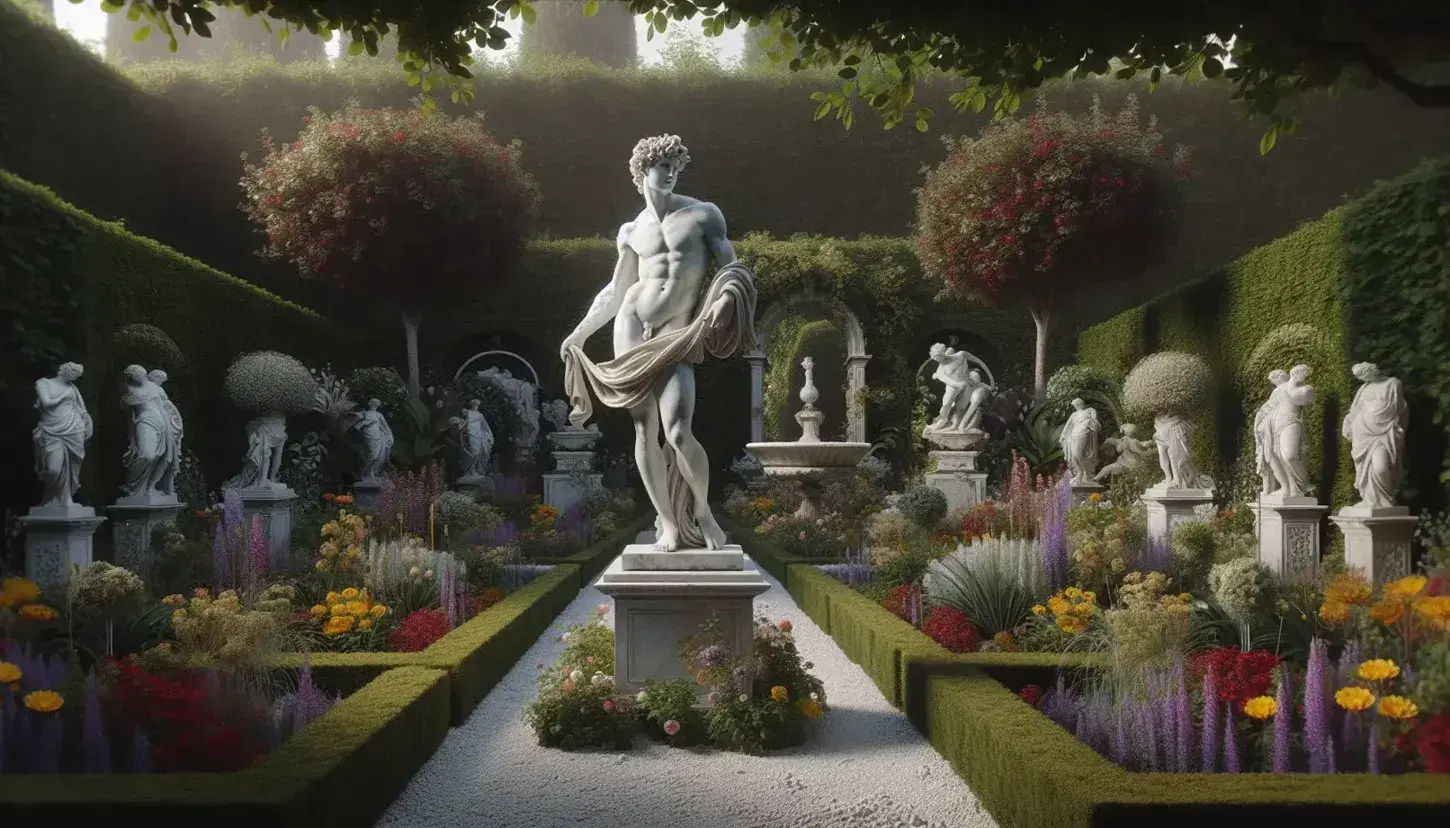Statua marmorea di Adone in giardino barocco con fiori colorati, sentiero ghiaioso e alberi, sotto un cielo sereno.