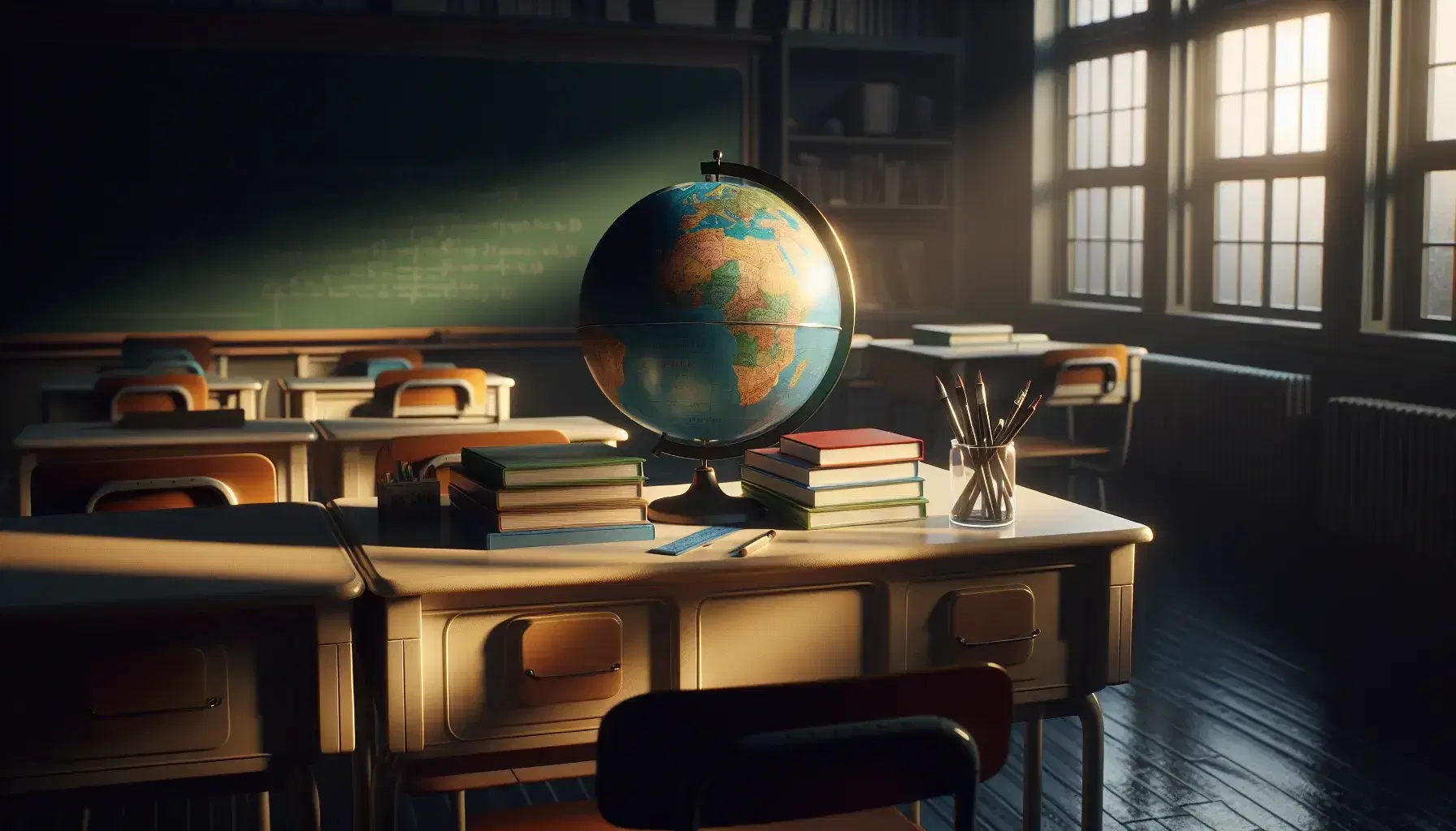 Aula scolastica al crepuscolo con luce naturale, banco con mappamondo, libri impilati e oggetti didattici, lavagna vuota sullo sfondo.