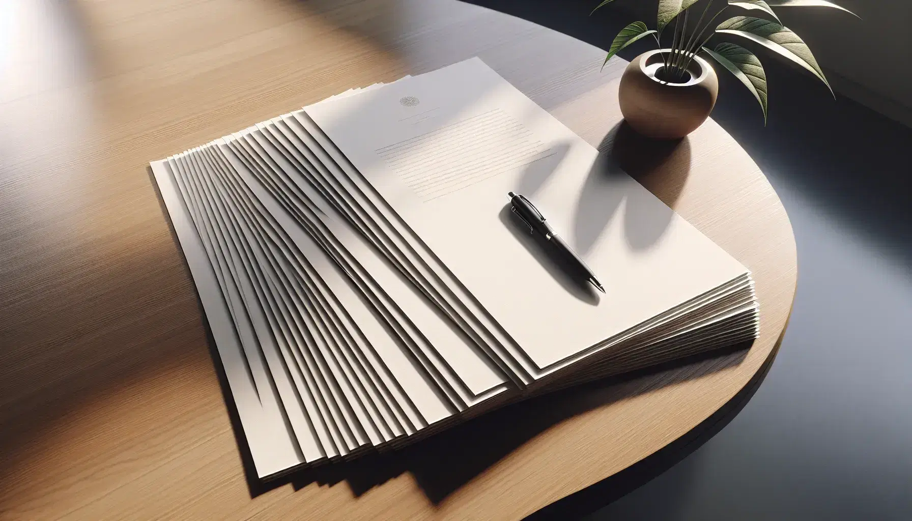 Escritorio de madera claro con textura y papeles blancos en abanico junto a bolígrafo negro con detalles plateados, y planta desenfocada al fondo.
