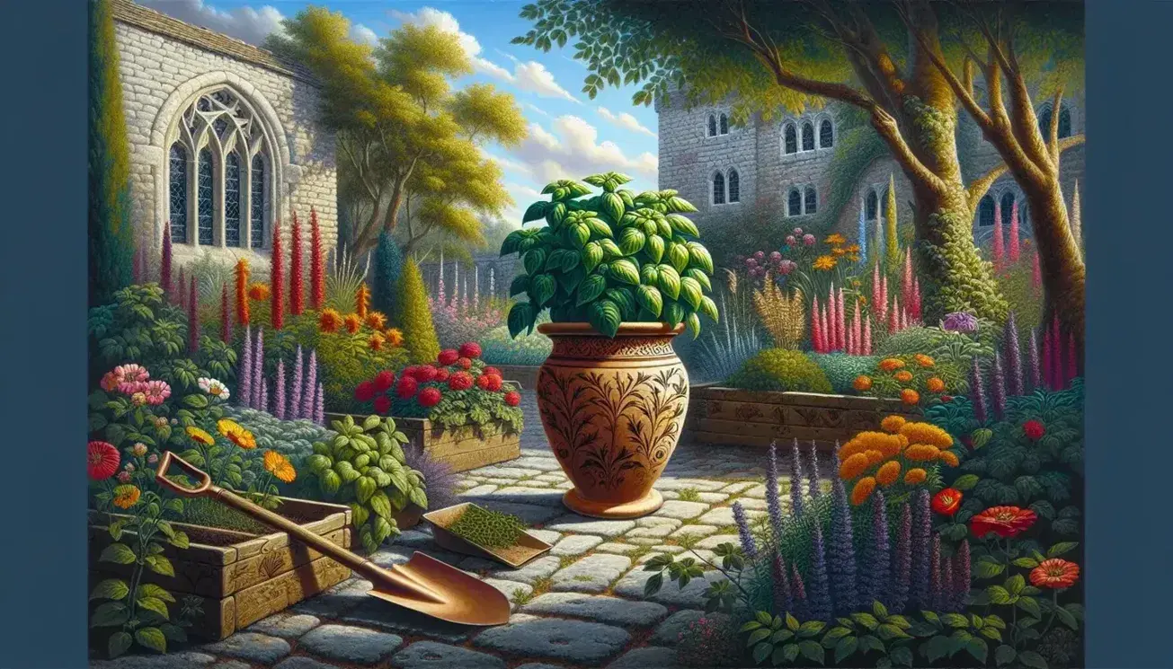 Giardino medievale con vaso in terracotta e pianta di basilico, pala da giardino su sentiero di pietra, edificio in pietra sullo sfondo, cielo azzurro.