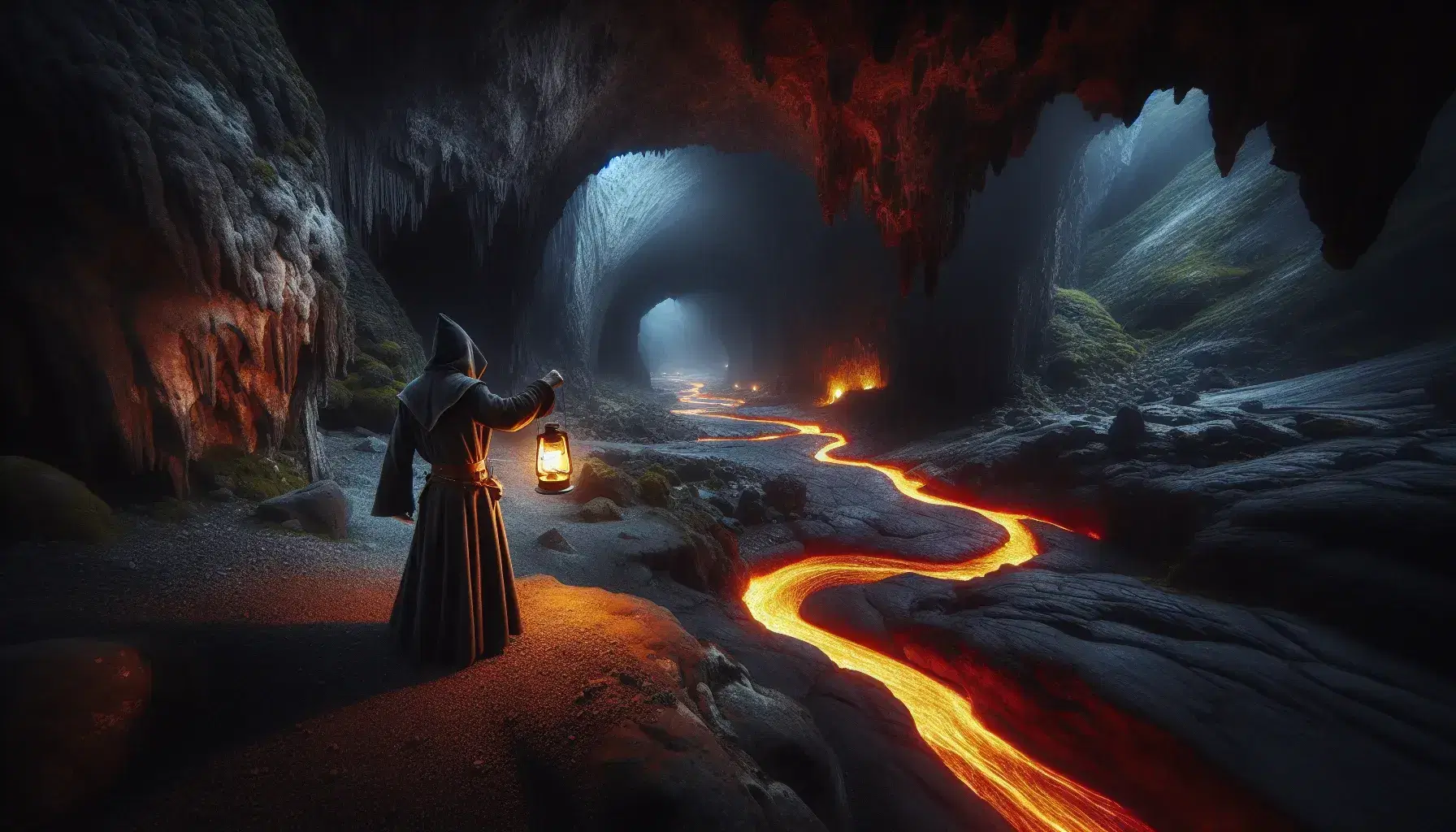 Figura umana in abiti medievali esplora una caverna oscura con lanterna, riflessi di lava e stalattiti sul soffitto, figure ombrose sullo sfondo.