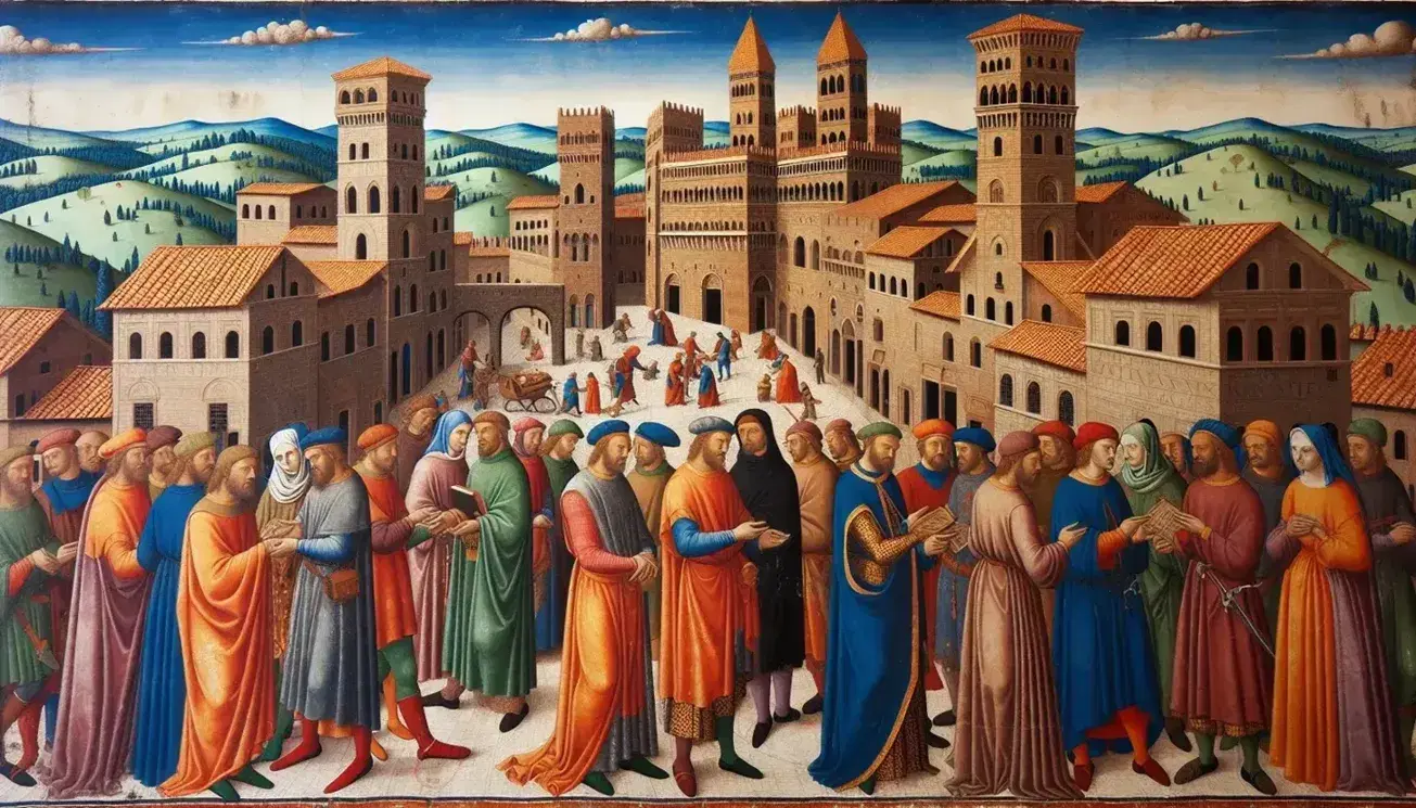 Affresco medievale colorato che raffigura vita quotidiana in città-stato italiana del XIV secolo, con figure in costumi d'epoca e architettura storica.