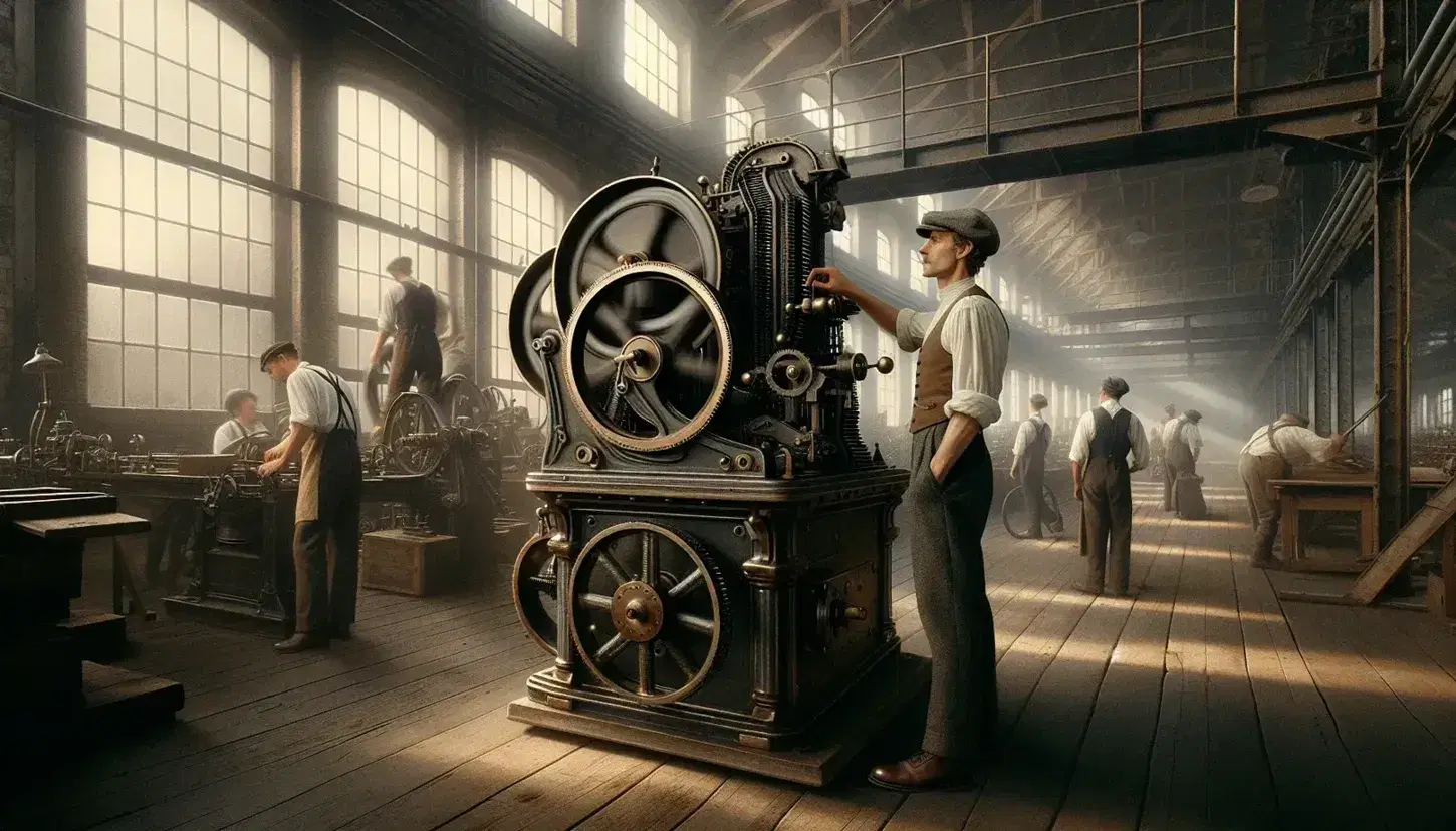Vintage industrial factory scene with workers in period attire operating belt-driven machinery, bathed in natural light from large windows.