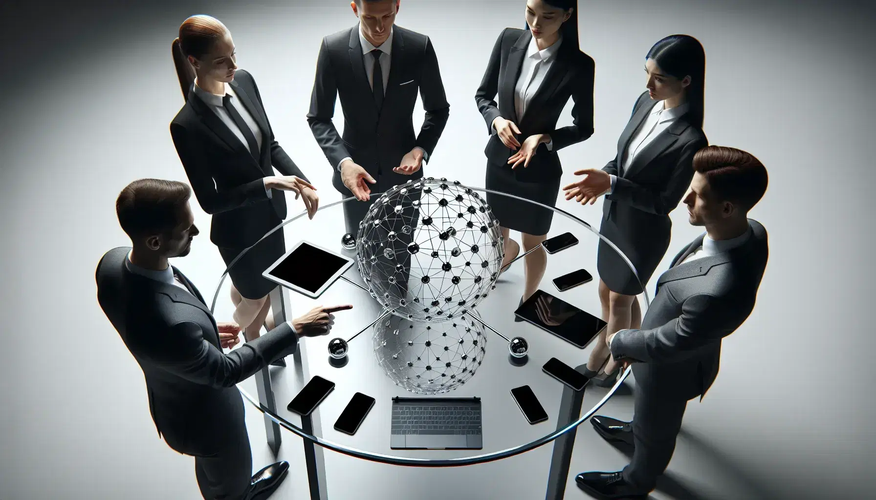 Grupo de cinco profesionales de negocios de diversas etnias en atuendo formal alrededor de una mesa redonda con dispositivos electrónicos y un modelo esférico de red.