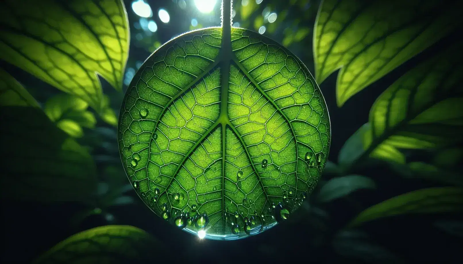 Foglia verde brillante con gocce d'acqua e riflessi solari, dettaglio della struttura venosa e sfondo sfocato verde.