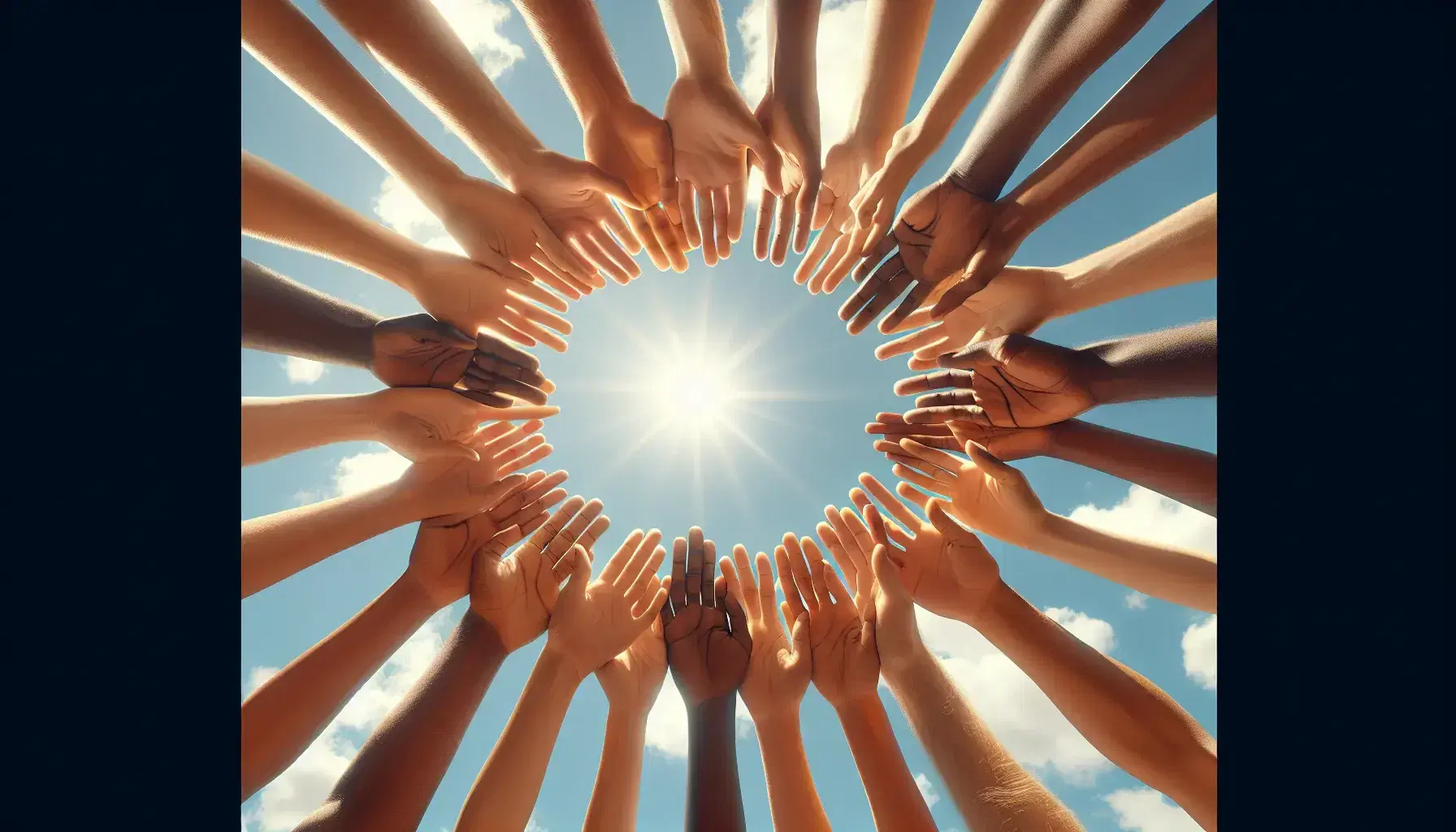 Manos de distintos tonos de piel unidas y elevándose hacia un cielo azul claro simbolizando solidaridad y unidad, con luz solar creando sombras suaves.