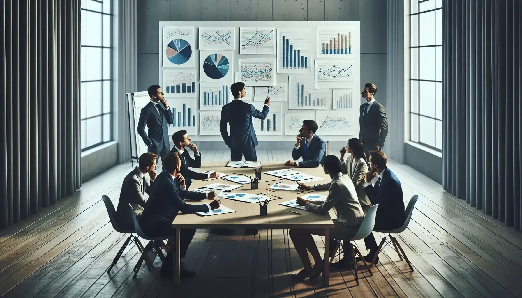 Gruppo di professionisti in abiti formali discute grafici e diagrammi su documenti su un tavolo in legno, in una sala riunioni luminosa.