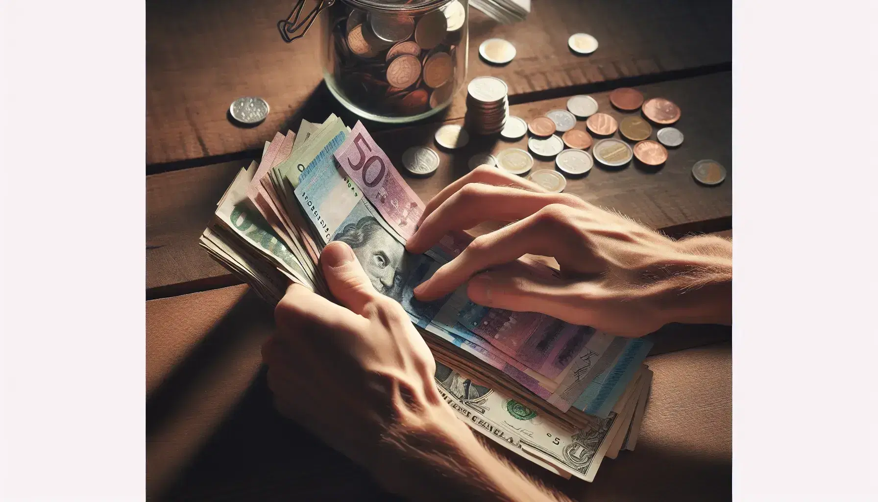 Hands counting a stack of multicolored international currency bills on a wooden table, with a jar full of assorted coins in the background.