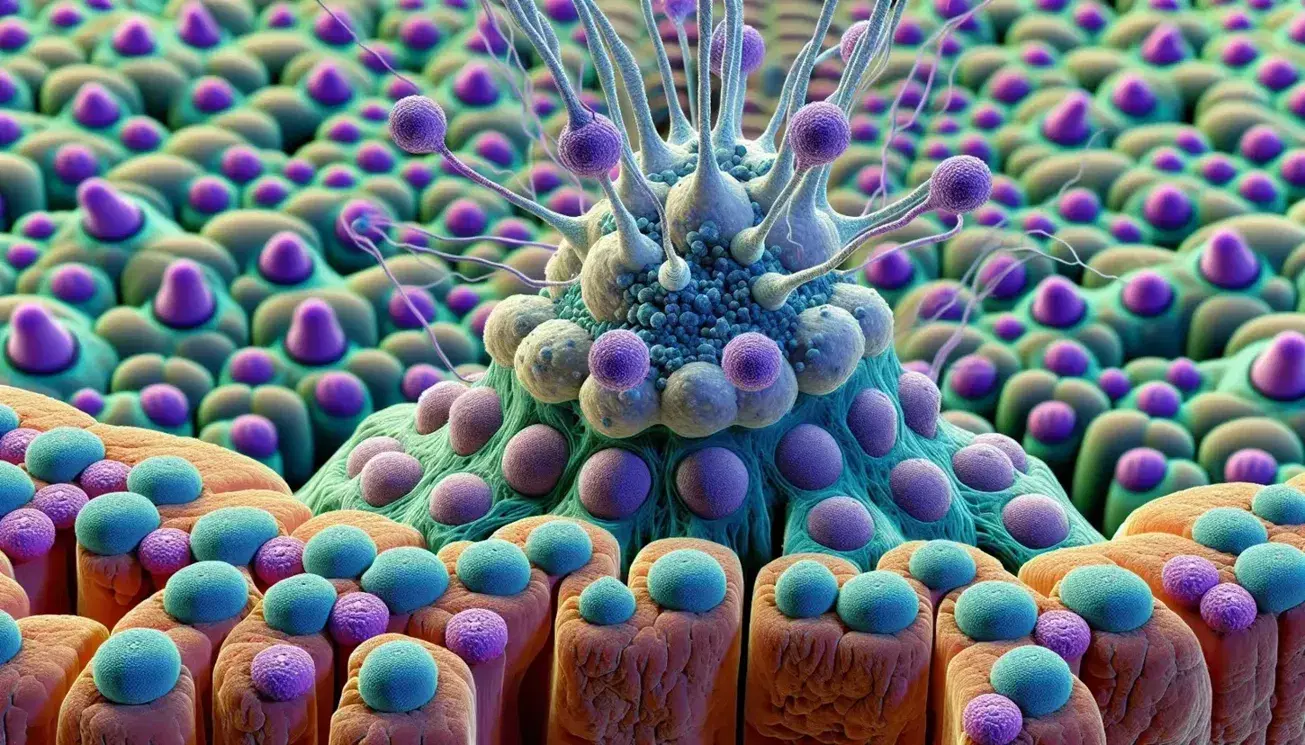 Sinapsi neuronale dettagliata con recettori del glutammato colorati sulla membrana post-sinaptica, separati da spazio sinaptico.