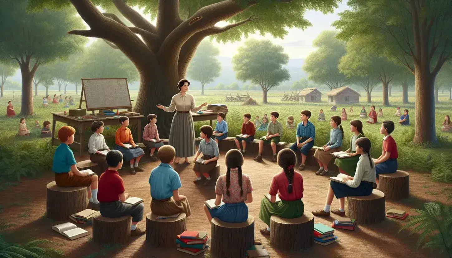 Aula al aire libre con niños sentados en troncos y maestra asiática explicando, rodeados de naturaleza y materiales educativos sin textos visibles.