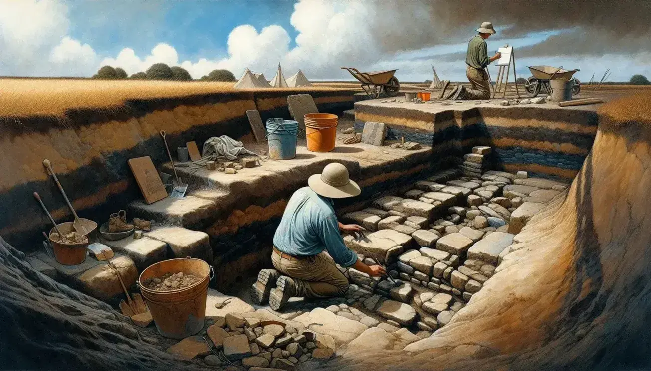Scavo archeologico con resti di antica struttura in pietra, due archeologi al lavoro e attrezzi su sfondo di erba secca e cielo nuvoloso.