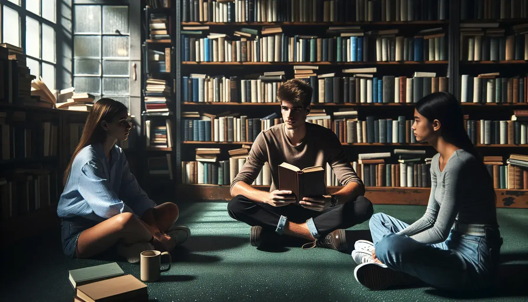 Grupo de tres jóvenes sentados en círculo en una biblioteca, discutiendo un libro con estantes llenos de libros al fondo y una taza junto a una planta en primer plano.
