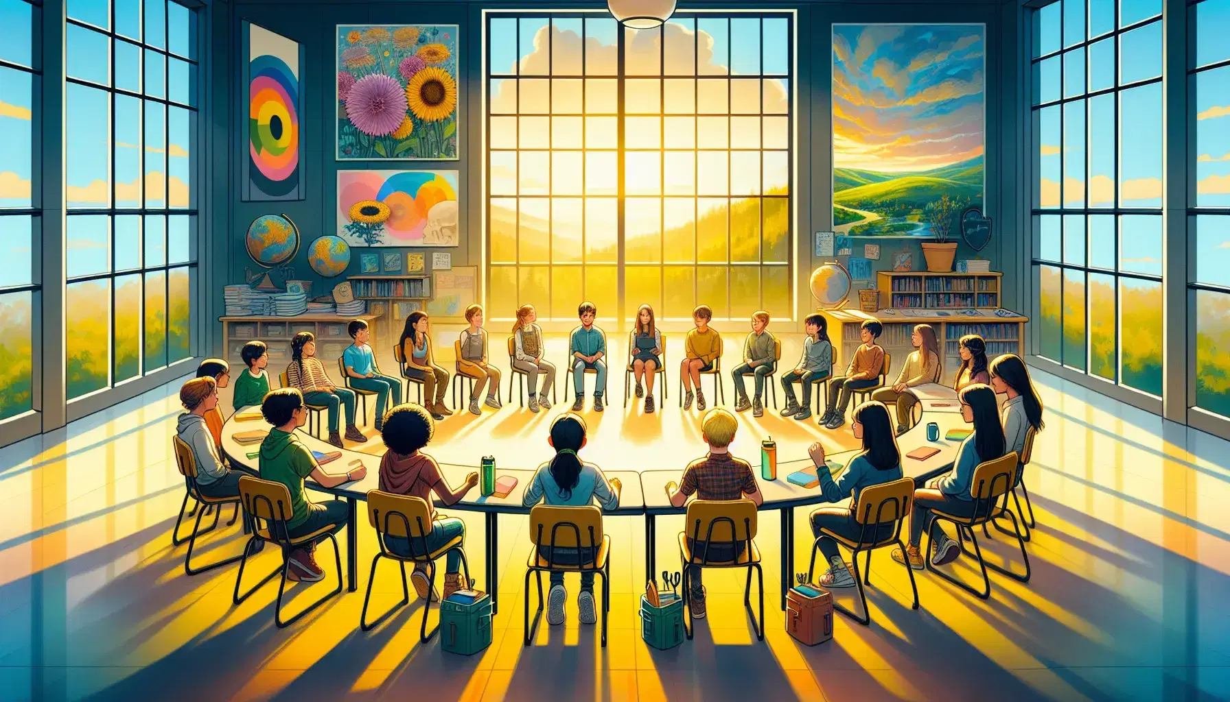 Aula scolastica colorata con studenti di diverse etnie seduti in cerchio, partecipano attivamente a un'attività di gruppo, illuminazione naturale.