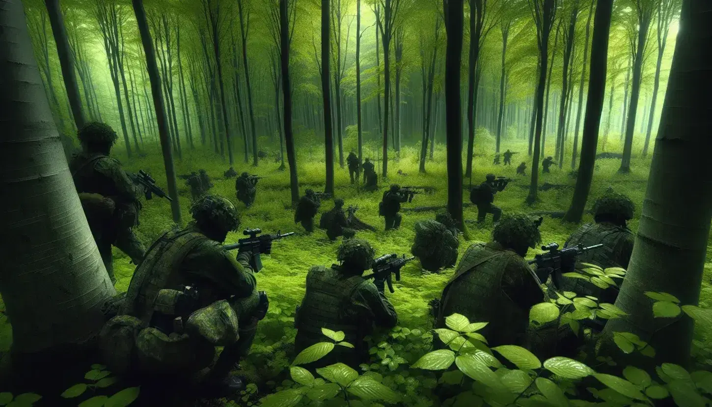 Dense forest with dappled sunlight, camouflaged individuals crouched with rifles, alert in the lush greenery, no visible text or symbols.