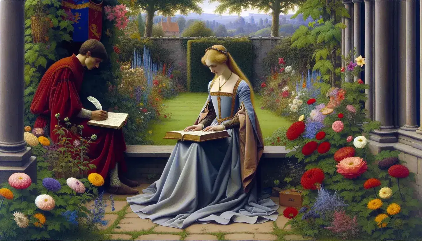 Donna in abito medievale azzurro legge un libro in giardino rigoglioso, uomo in toga rossa scrive con penna, mura di pietra e colline sullo sfondo.