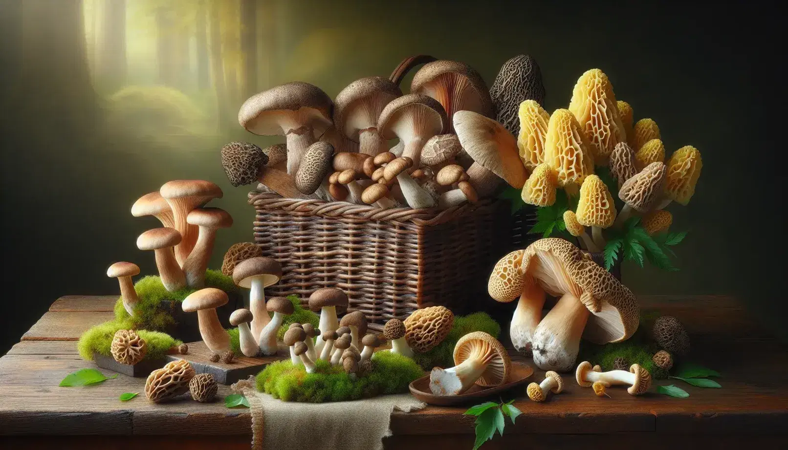 Variety of wild mushrooms on a wooden table, including shiitake in a basket, yellow chanterelles, morels, white buttons on moss, and a large portobello.