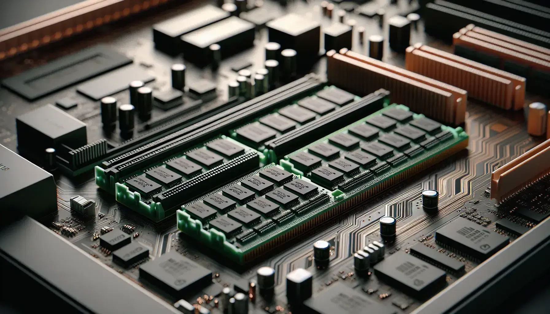 Close-up of a motherboard with inserted RAM modules and soldered ROM chip, dominant green, black and brown colors.