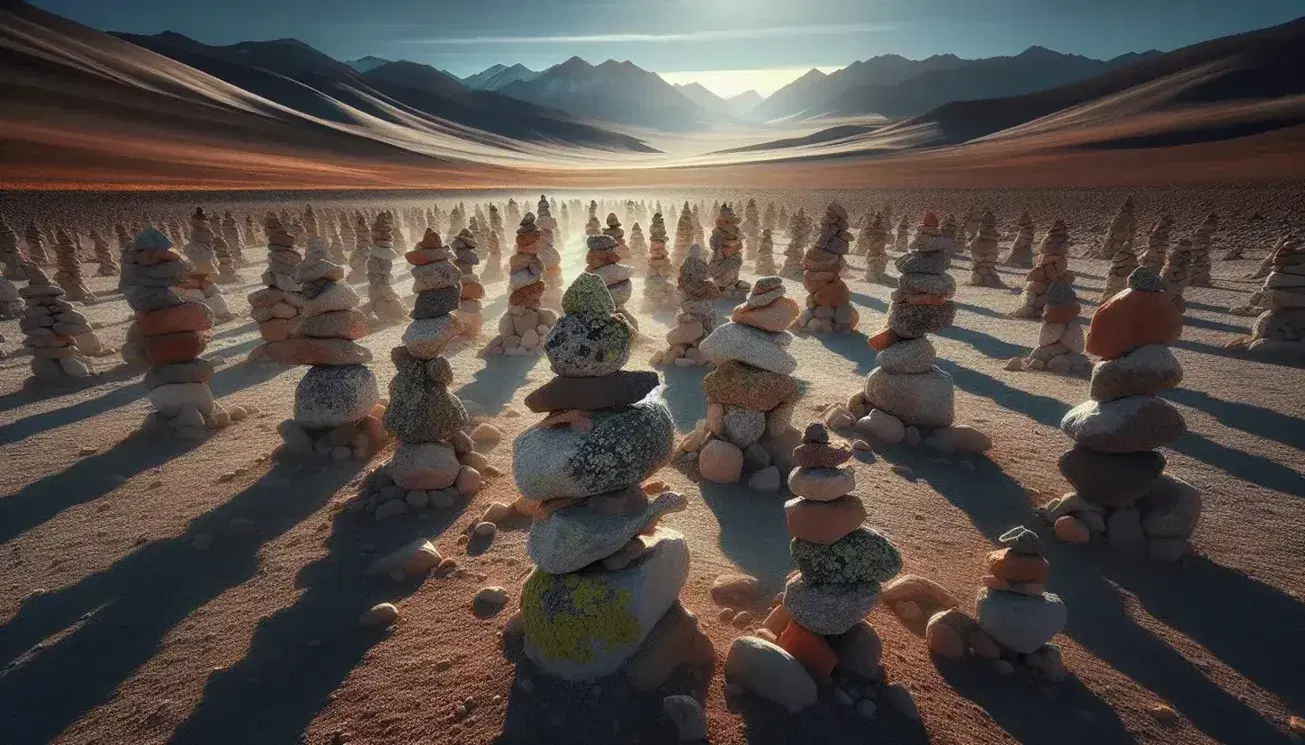 Cairns de piedra antiguos en línea sobre terreno árido con montañas al fondo y cielo despejado, reflejando tranquilidad y aislamiento natural.