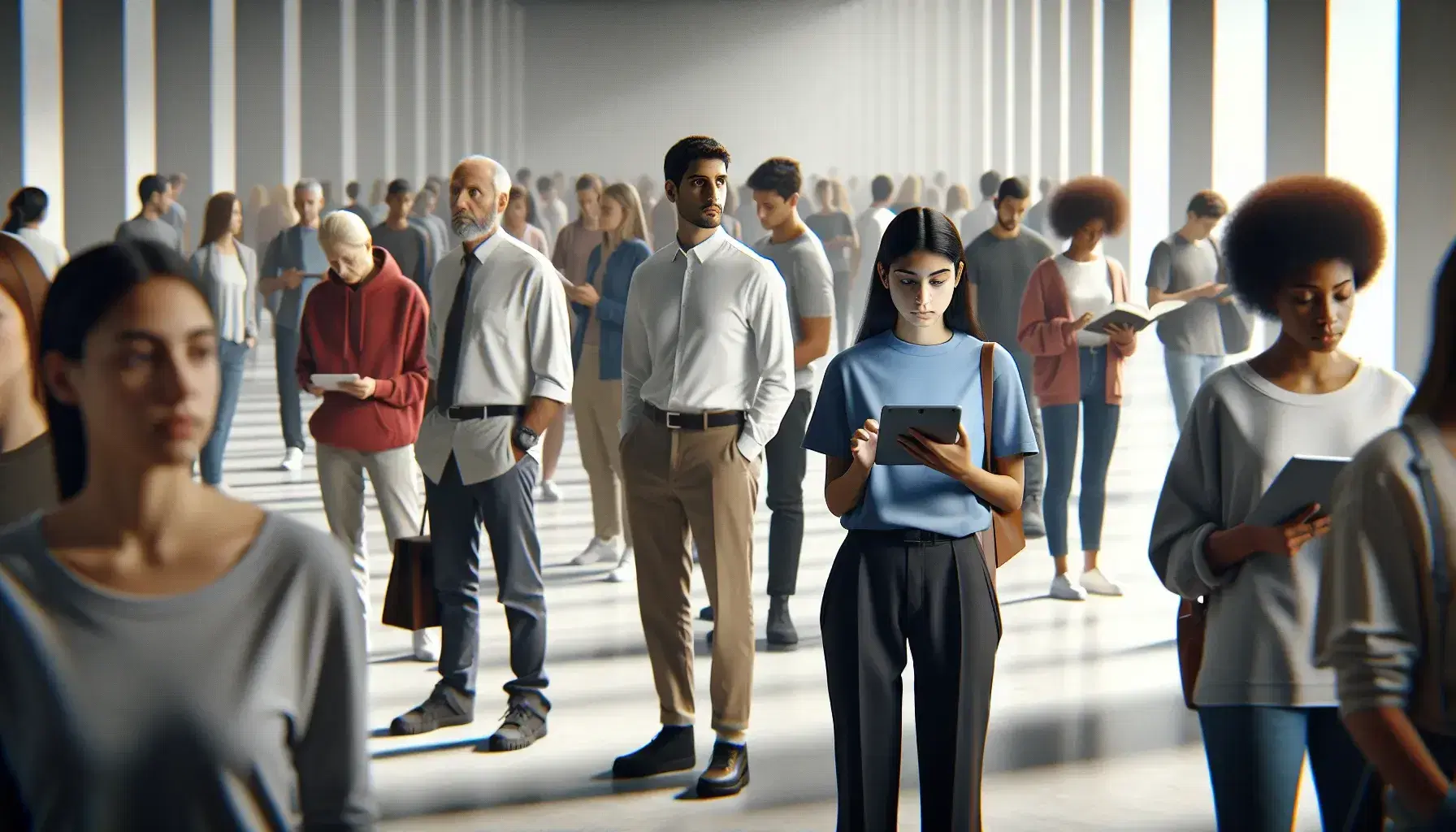 Grupo diverso de personas de distintas edades y etnias interactuando con dispositivos y libros en un espacio iluminado.
