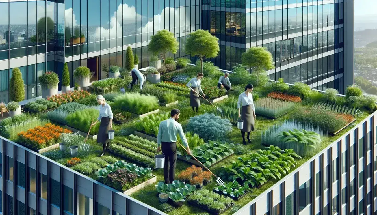 Rooftop garden with diverse plants on modern office building, with three people gardening, reflecting blue sky in large windows.