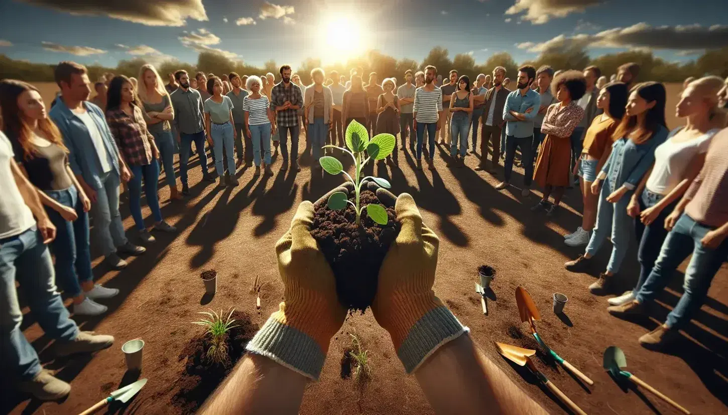Grupo diverso de personas en círculo alrededor de una planta joven sostenida por manos enguantadas, bajo un cielo azul con luz solar suave.
