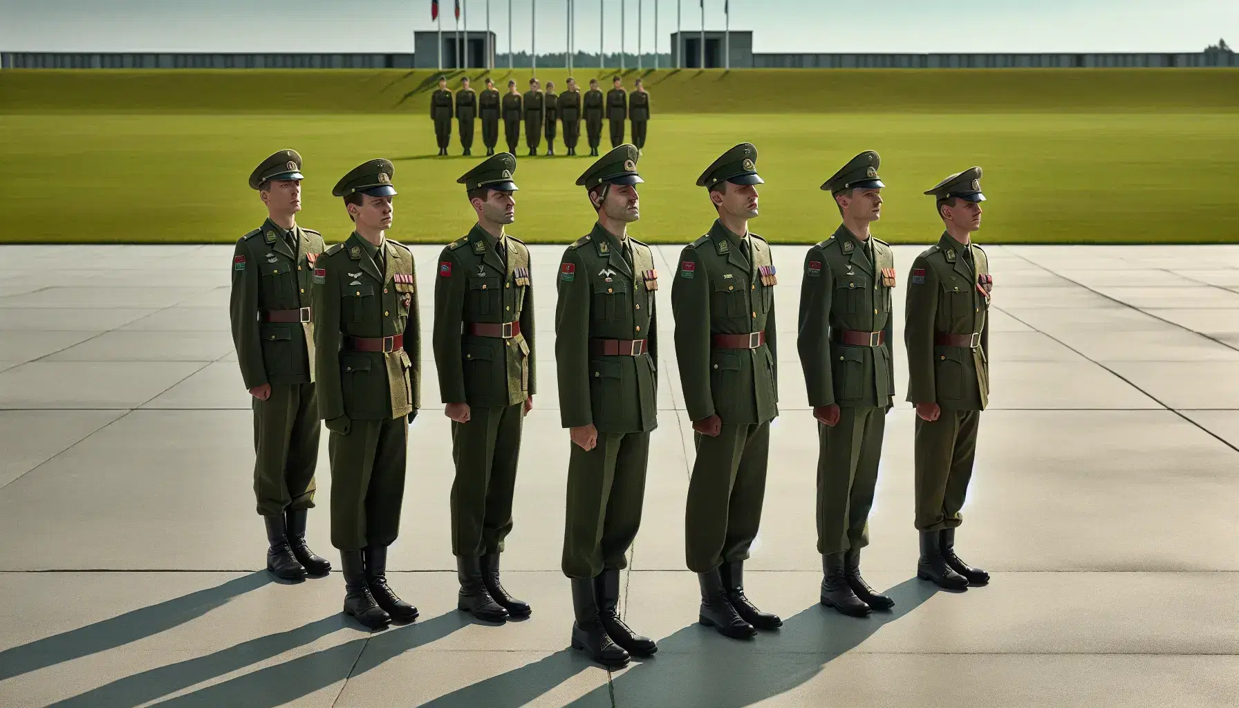 Grupo de cinco militares en uniforme verde oliva formados en línea recta, con postura disciplinada, bajo un cielo azul con bandera lisa y edificio sencillo al fondo.