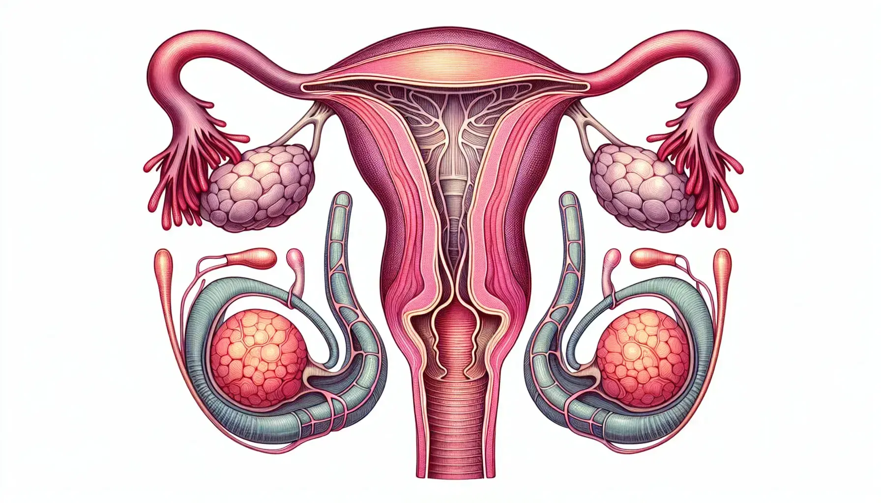 Ilustración detallada de los órganos reproductivos femeninos internos, mostrando el útero, trompas de Falopio, fimbrias, ovarios, cuello uterino y vagina en tonos rosados.