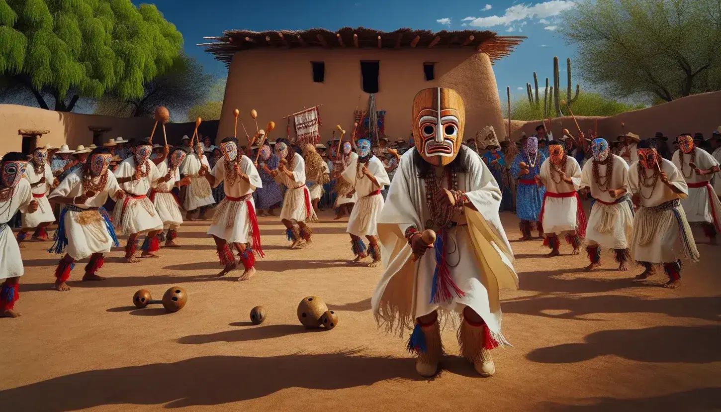 Danza tradicional de indígenas Yaquis con trajes típicos, máscaras coloridas y maracas, bajo un cielo azul junto a una casa de adobe.