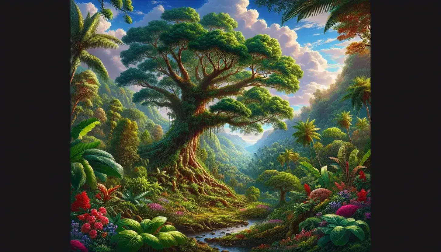 Lush tropical landscape with an ancient tree, vibrant flowers, and a clear stream set against rolling hills and a blue sky with scattered clouds.