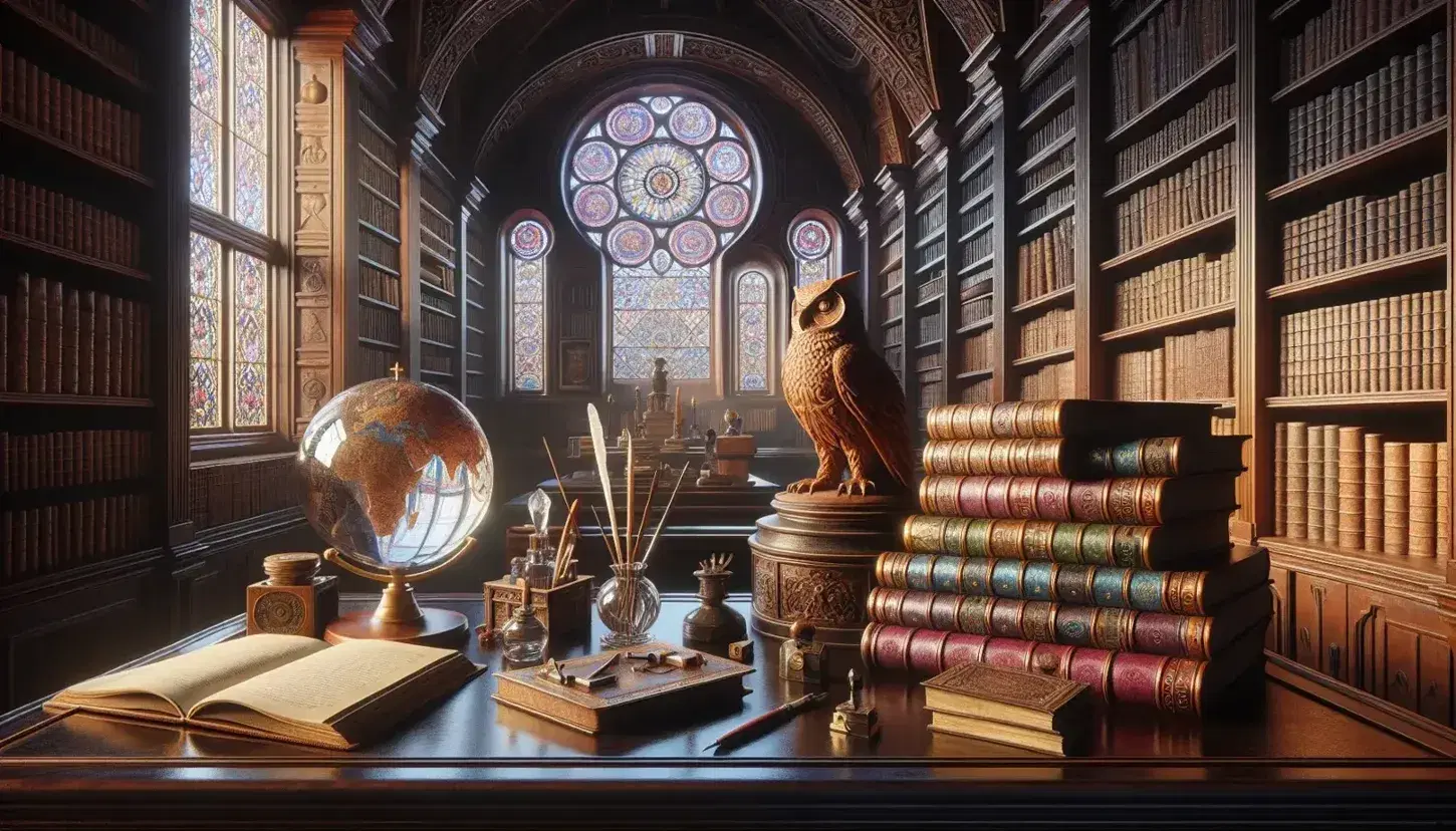 Biblioteca antica con scrivania in legno scuro, libri rilegati, calamaio in vetro, sfera di cristallo, statuetta di gufo in bronzo e mappamondo antico.