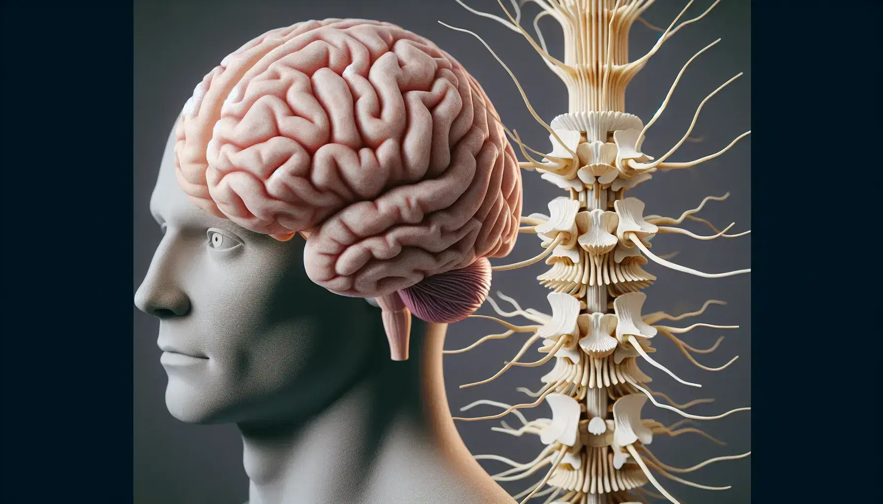 Modelo anatómico detallado del cerebro humano y médula espinal con nervios, sobre torso gris sin rostro, resaltando la conexión del sistema nervioso.